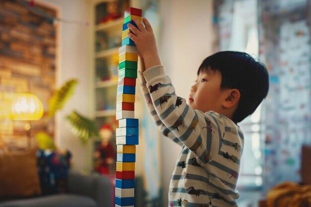 a child playing with a toy tower made by legos